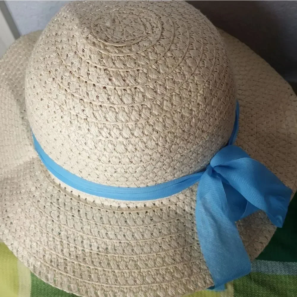Floppy Wide Brim Summer Sun Beach Hat Natural Color Blue Ribbon Paper